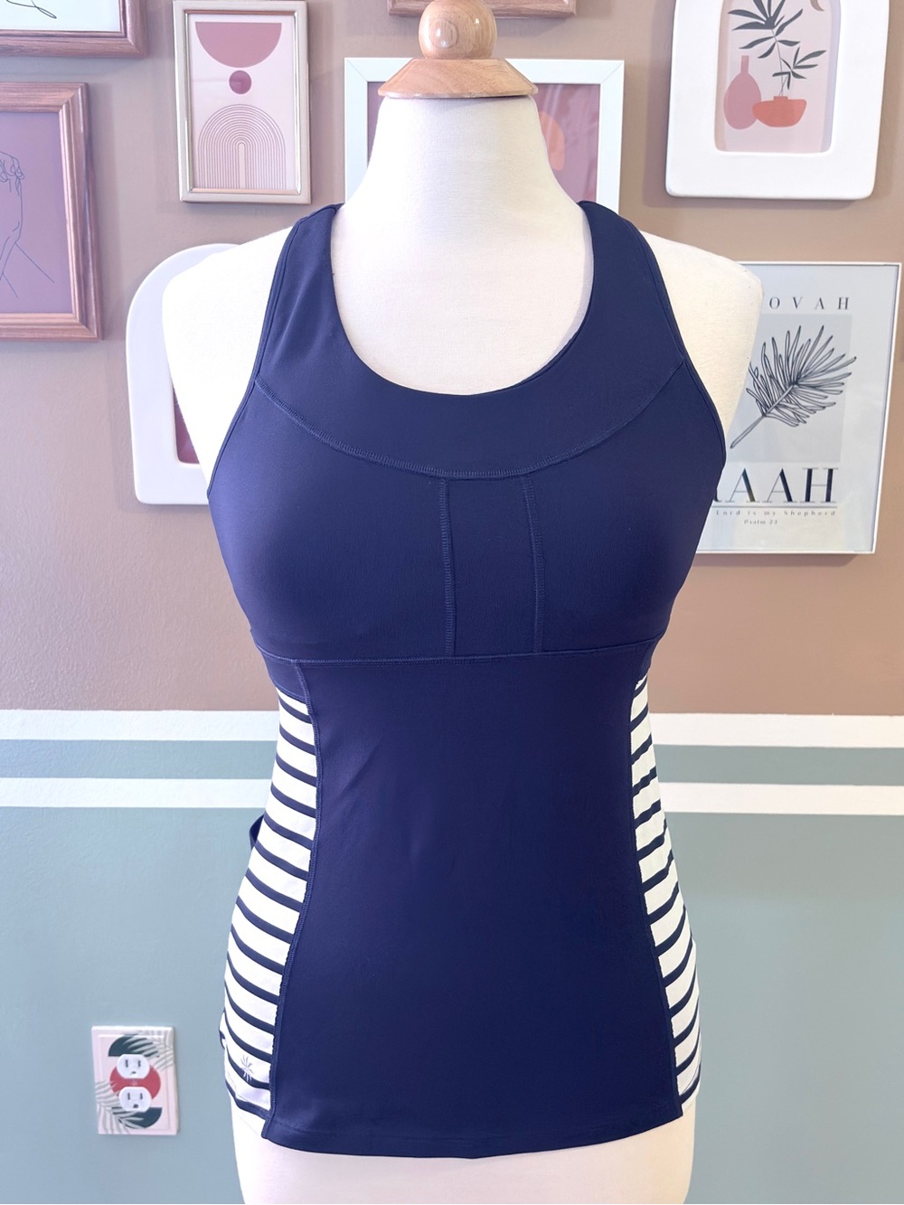 Athleta Navy Blue Athletic Top with Striped Side Panels